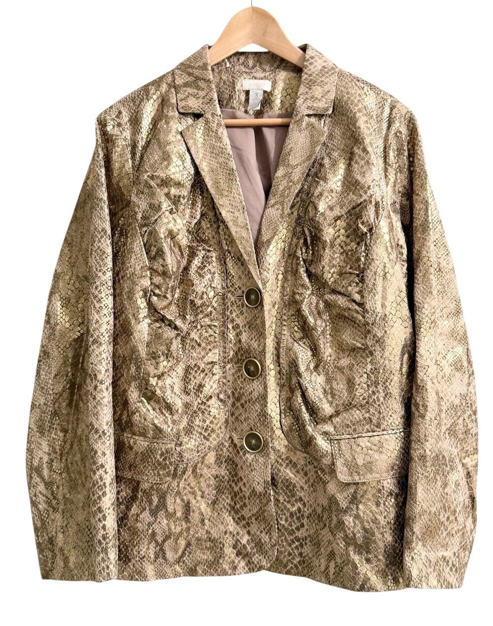Chico’s 3 (16) Metallic Gold Snake Print Reptile Jacket Animal Pattern Blazer